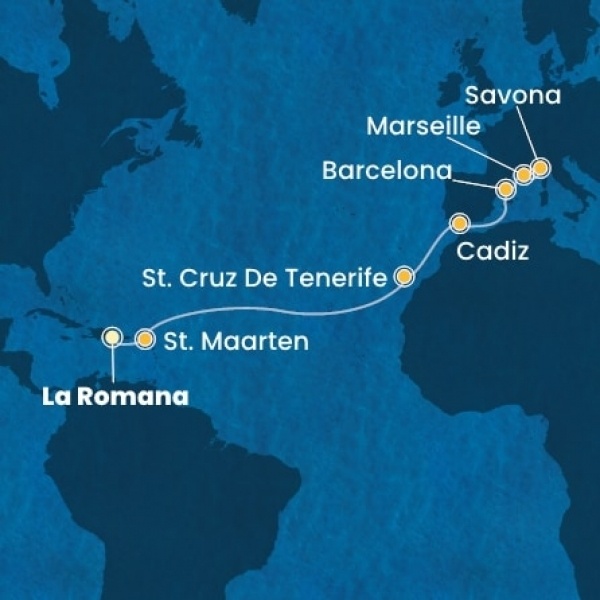 Costa Pacifica - Dominikai Köztársaság, Holland Antillák (ABC-szigetek), Kanári-szigetek, Spanyolország, Franciaország, Olaszország