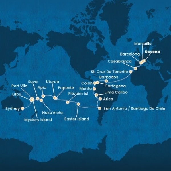 Costa Deliziosa - Olaszország, Franciaország, Spanyolország, Marokkó, Kanári-szigetek, Holland Antillák (ABC-szigetek), Costa Rica, Kolumbia, Panama, Chile, Francia Polinézia, Tonga, Fiji, Ausztrália