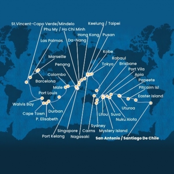 Costa Deliziosa - Chile, Francia Polinézia, Tonga, Fiji, Ausztrália, Japán, South Korea, Taiwan, Kína, Vietnám, Szingapúr, Malajzia, Sri Lanka, Maldív-szigetek, South Africa