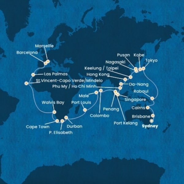 Costa Deliziosa - Ausztrália, Japán, South Korea, Taiwan, Kína, Vietnám, Szingapúr, Malajzia, Sri Lanka, Maldív-szigetek, Mauritius, South Africa, Namibia, Zöld-Foki Köztársaság, Kanári-szigetek
