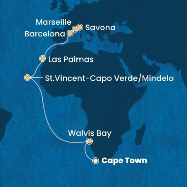 Costa Deliziosa - South Africa, Namibia, Zöld-Foki Köztársaság, Kanári-szigetek, Spanyolország, Franciaország, Olaszország