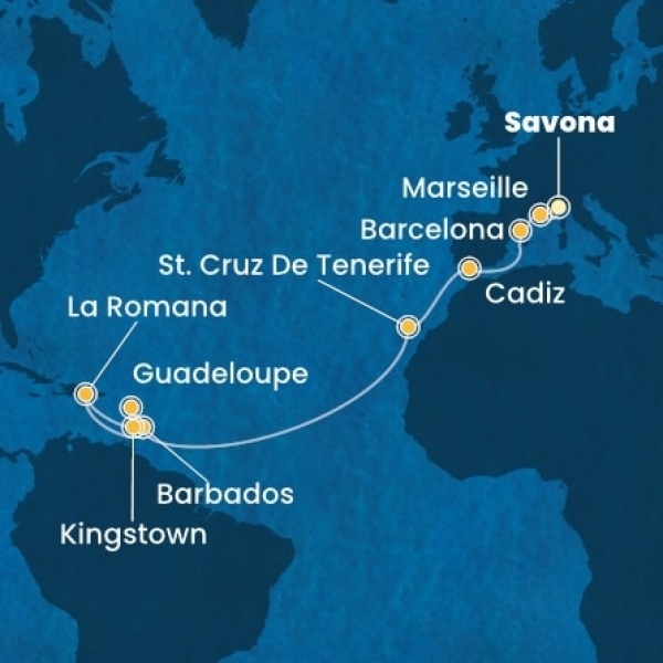 Costa Pacifica - Olaszország, Franciaország, Spanyolország, Kanári-szigetek, Holland Antillák (ABC-szigetek), Dominikai Köztársaság