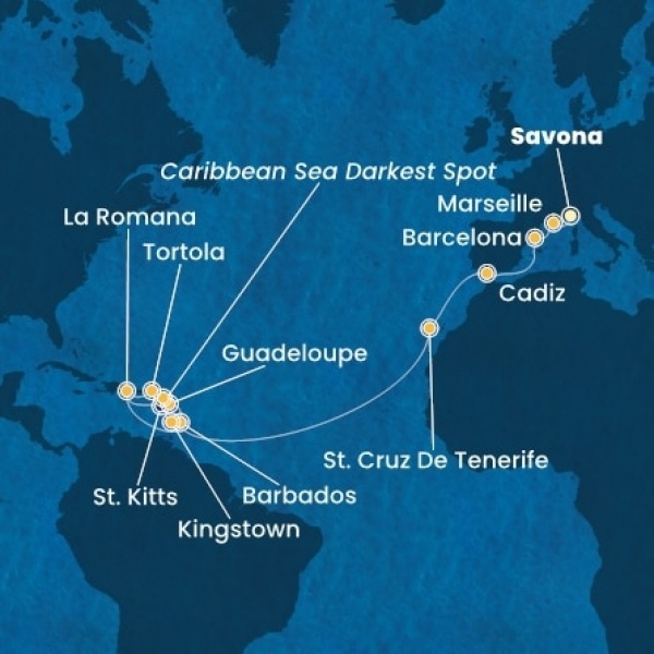 Costa Pacifica - Olaszország, Franciaország, Spanyolország, Kanári-szigetek, Holland Antillák (ABC-szigetek), Dominikai Köztársaság, Virgin szigetek