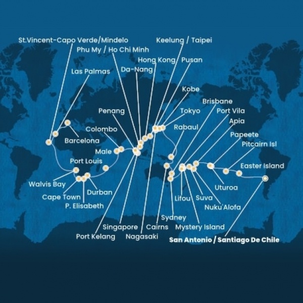 Costa Deliziosa - Chile, Francia Polinézia, Tonga, Fiji, Ausztrália, Japán, South Korea, Taiwan, Kína, Vietnám, Szingapúr, Malajzia, Sri Lanka, Maldív-szigetek, South Africa