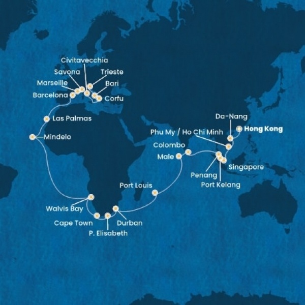 Costa Deliziosa - Kína, Vietnám, Szingapúr, Malajzia, Sri Lanka, Maldív-szigetek, Mauritius, South Africa, Namibia, Zöld-Foki Köztársaság, Kanári-szigetek, Spanyolország, Franciaország, Olaszország, Görögország