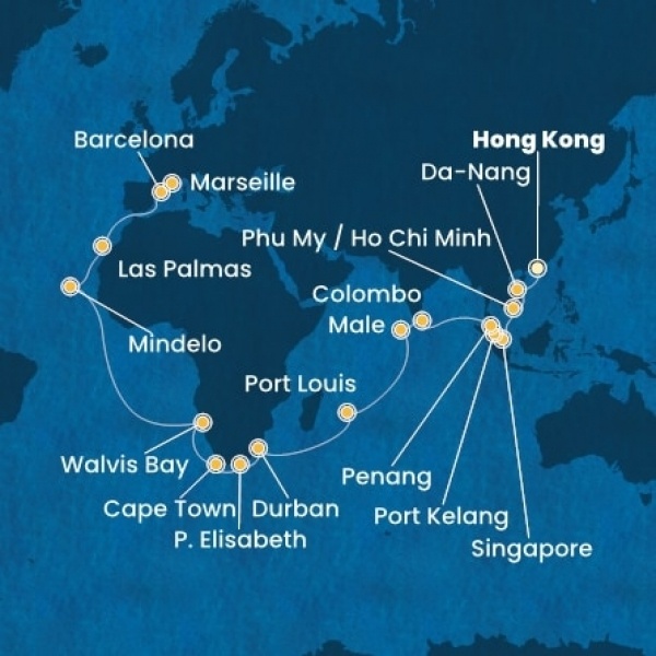 Costa Deliziosa - Kína, Vietnám, Szingapúr, Malajzia, Sri Lanka, Maldív-szigetek, Mauritius, South Africa, Namibia, Zöld-Foki Köztársaság, Kanári-szigetek, Spanyolország, Franciaország
