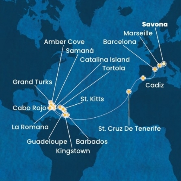Costa Pacifica - Olaszország, Franciaország, Spanyolország, Kanári-szigetek, Holland Antillák (ABC-szigetek), Dominikai Köztársaság, Virgin szigetek, Turks szigetek