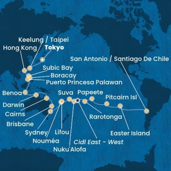 Costa Serena - Japán, Taiwan, Kína, Fülöp-szigetek, Ausztrália, Hawaii, Fiji, Tonga, Francia Polinézia, Chile