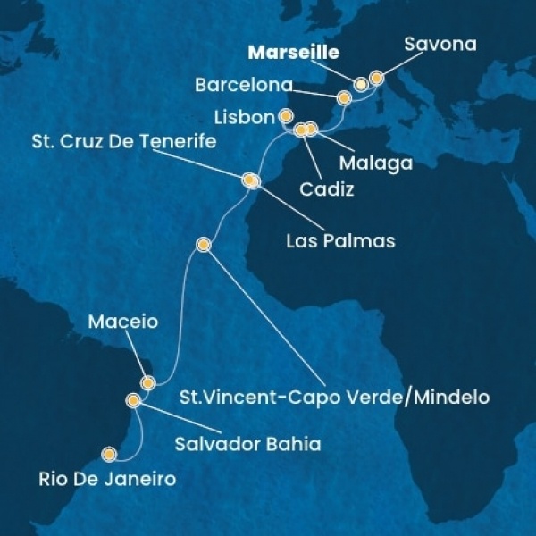 Costa Diadema - Franciaország, Olaszország, Spanyolország, Portugália, Kanári-szigetek, Zöld-Foki Köztársaság, Brazília