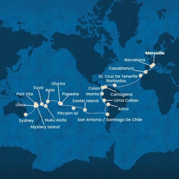 Costa Deliziosa - Franciaország, Spanyolország, Marokkó, Kanári-szigetek, Holland Antillák (ABC-szigetek), Kolumbia, Costa Rica, Panama, Chile, Francia Polinézia, Tonga, Fiji, Ausztrália