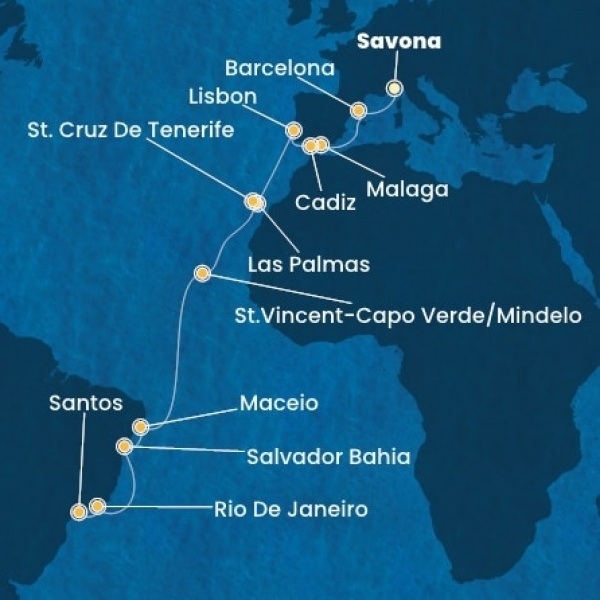 Costa Diadema - Olaszország, Spanyolország, Portugália, Kanári-szigetek, Zöld-Foki Köztársaság, Brazília