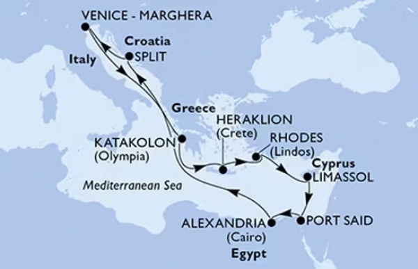 MEDITERRÁN KINCSEK - MSC Lirica csoportos hajóút magyar idegenvezetővel