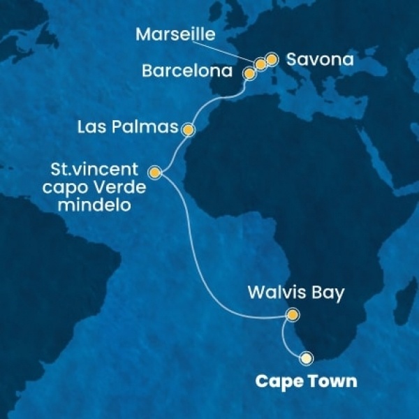 Costa Deliziosa - South Africa, Namibia, Zöld-Foki Köztársaság, Kanári-szigetek, Spanyolország, Franciaország, Olaszország