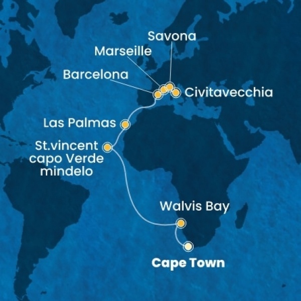 Costa Deliziosa - South Africa, Namibia, Zöld-Foki Köztársaság, Kanári-szigetek, Spanyolország, Franciaország, Olaszország