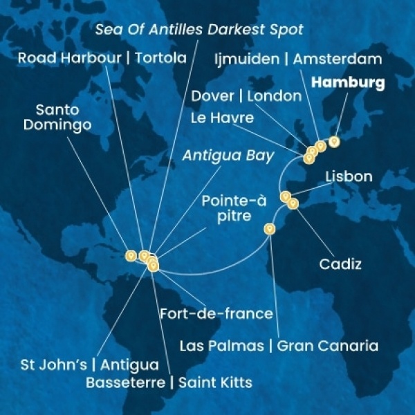 Costa Favolosa - Németország, Nagy-Britannia, Franciaország, Portugália, Spanyolország, Kanári-szigetek, Holland Antillák (ABC-szigetek), Virgin szigetek